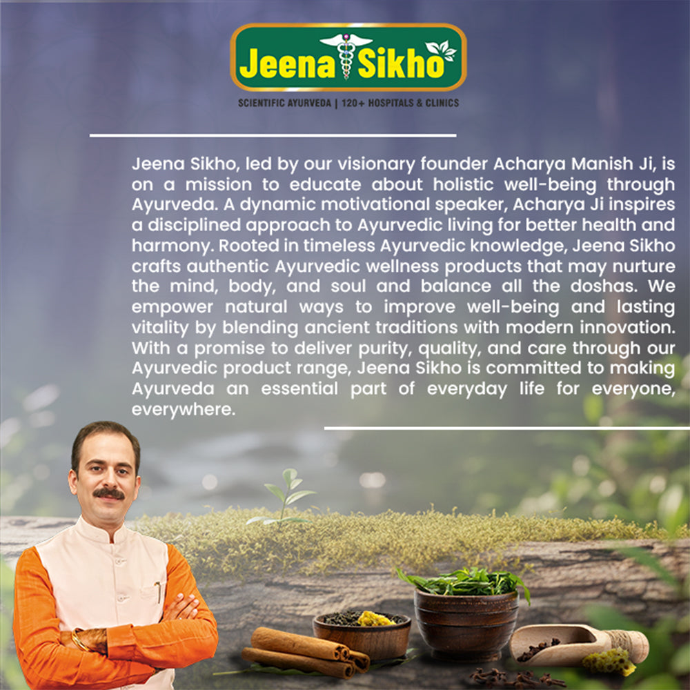 Jeena Sikho Ayurveda brand overview featuring Acharya Manish Ji, herbal traditions, holistic wellness and natural health values
