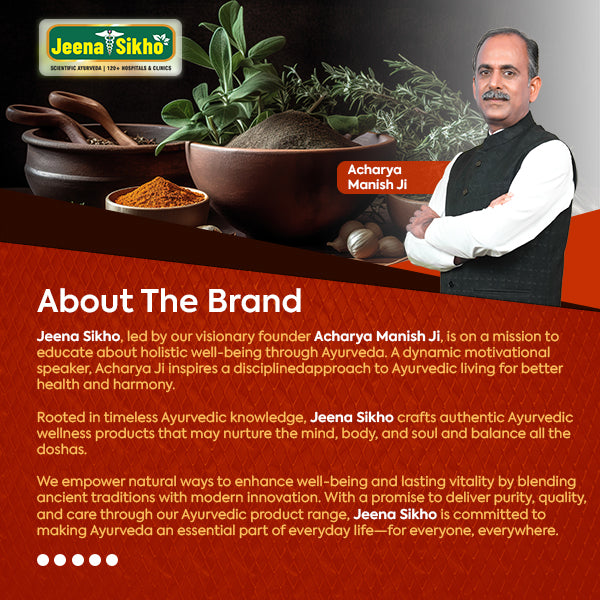Jeena Sikho Ayurvedic tradition banner featuring Acharya Manish Ji, herbal ingredients and a holistic approach to everyday wellness