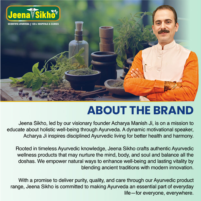 Jeena Sikho brand story featuring Acharya Manish Ji, Ayurvedic traditions, herbal wellness products and holistic health values.
