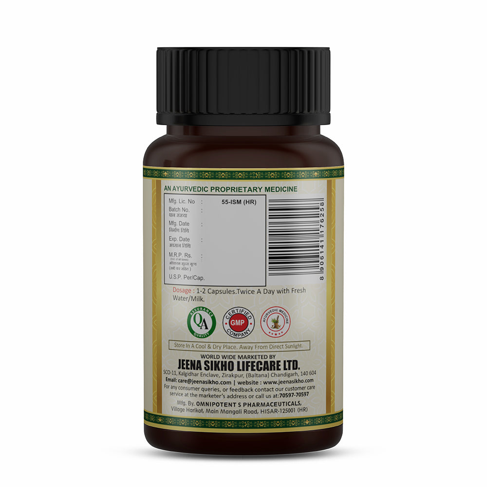 Livchronic Ayurvedic Liver Support Capsules back label showing dosage, manufacturer details, certifications and product information