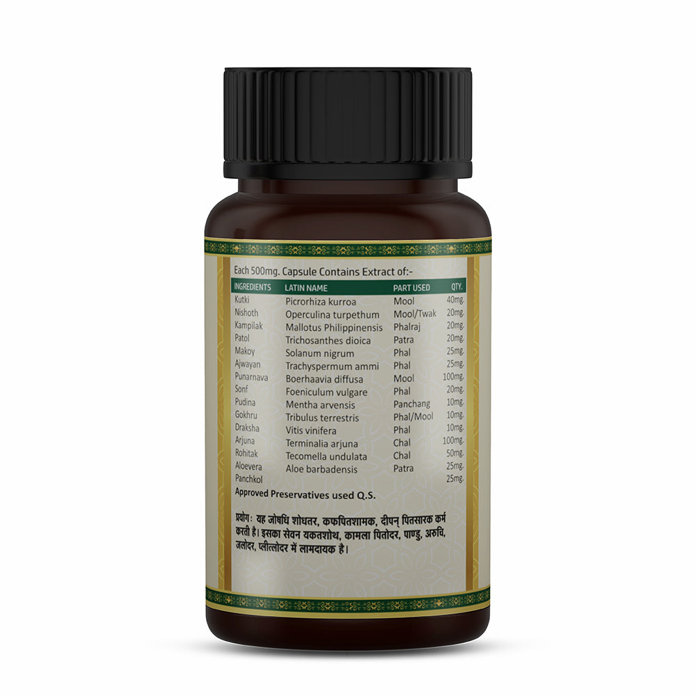 Livchronic Ayurvedic Liver Support Capsules back label showing herbal ingredients, composition details and product information