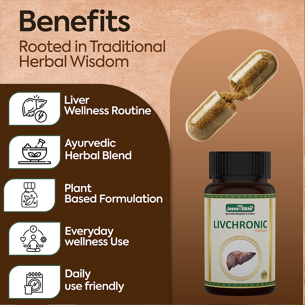 Livchronic Ayurvedic Liver Wellness Supplement benefits with herbal blend, plant-based formulation and daily liver care support
