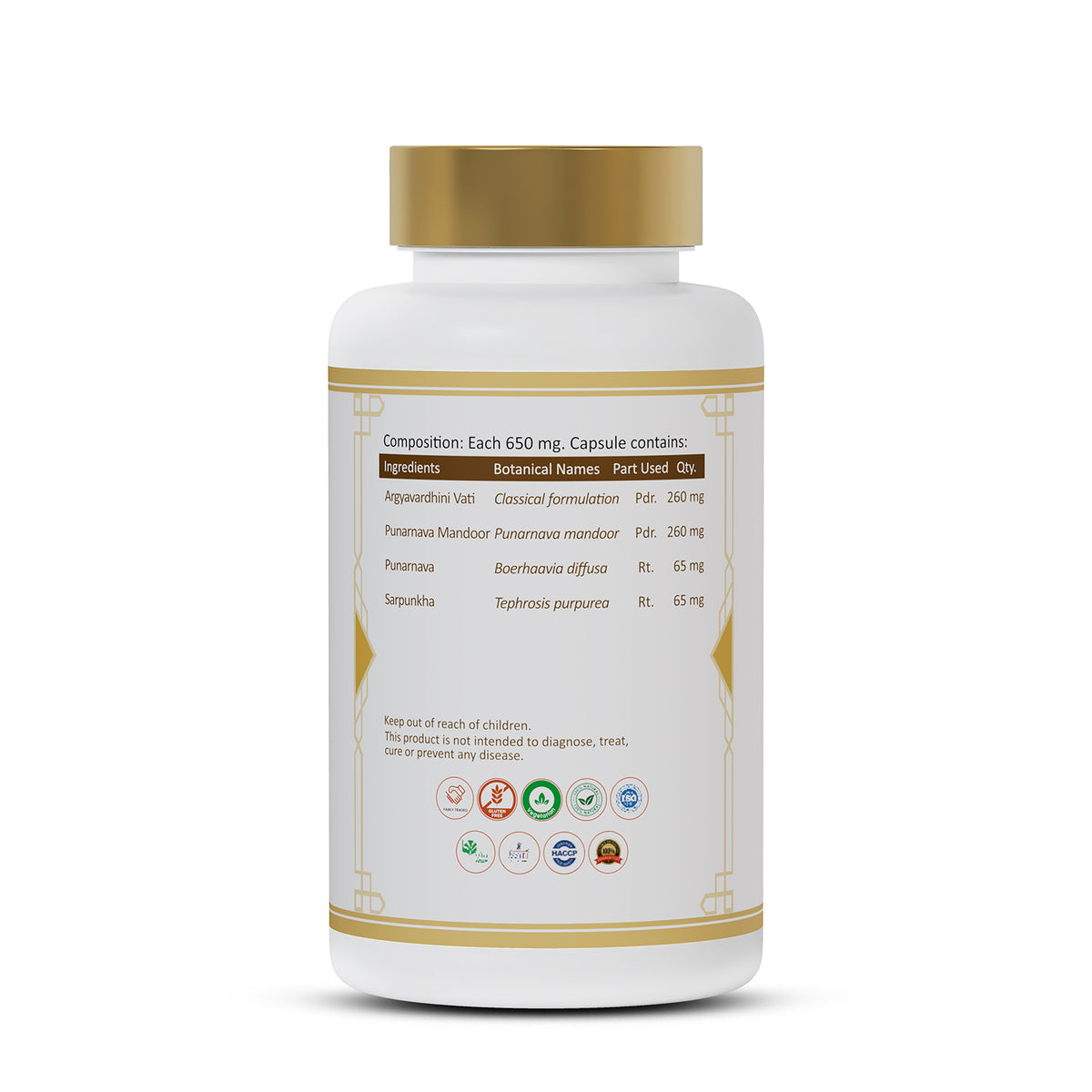 Liver Support Capsules composition showing Ayurvedic ingredients, botanical names, quantities and traditional herbal formulation details