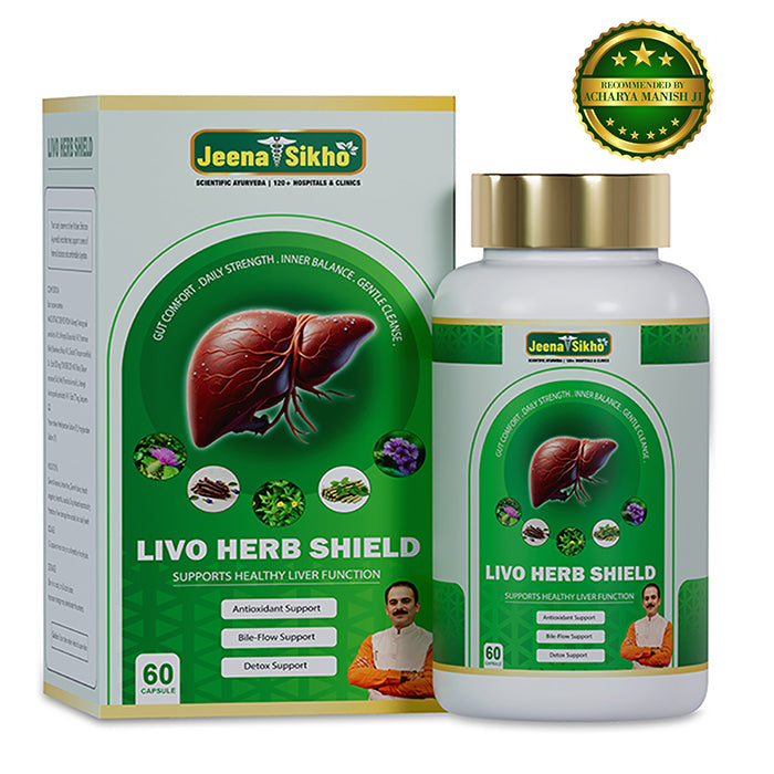Livo Shield Ayurvedic supplement supporting liver wellness, metabolic stability and healthy lifestyle with herbal ingredients