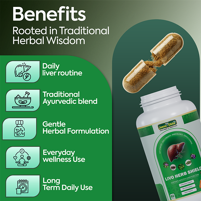 Livo Herb Shield benefits include traditional Ayurvedic blend, gentle herbal formulation, daily liver routine and wellness support