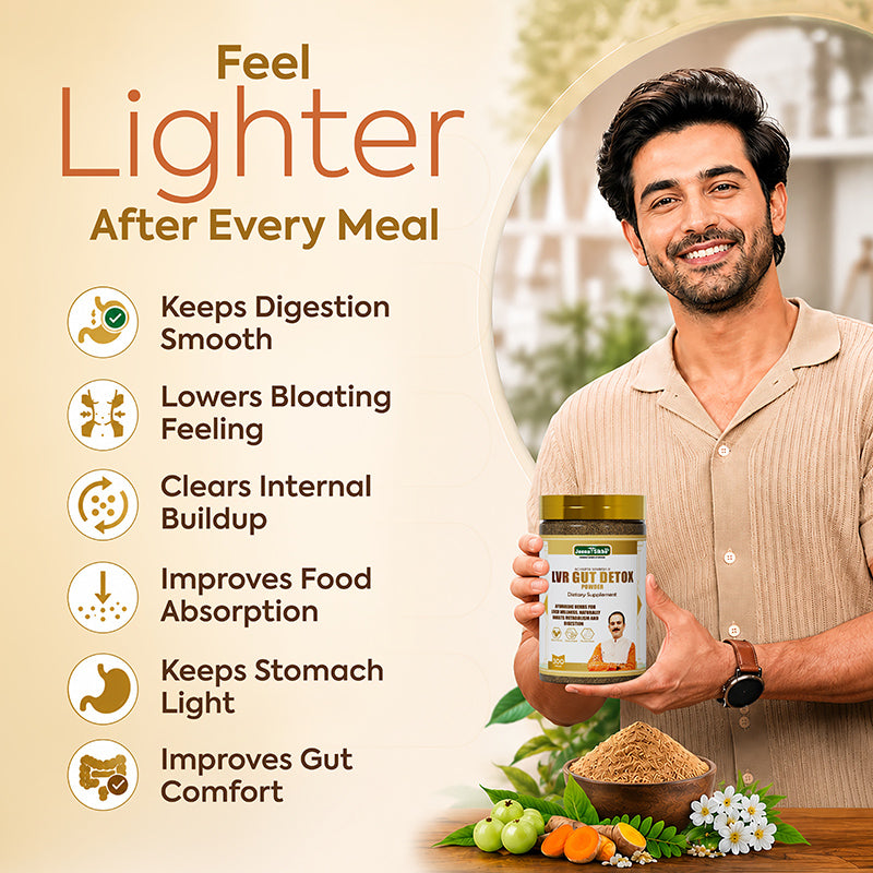 LVR Gut Detox Powder benefits include smooth digestion, reduced bloating feeling, gut comfort, food absorption and stomach wellness