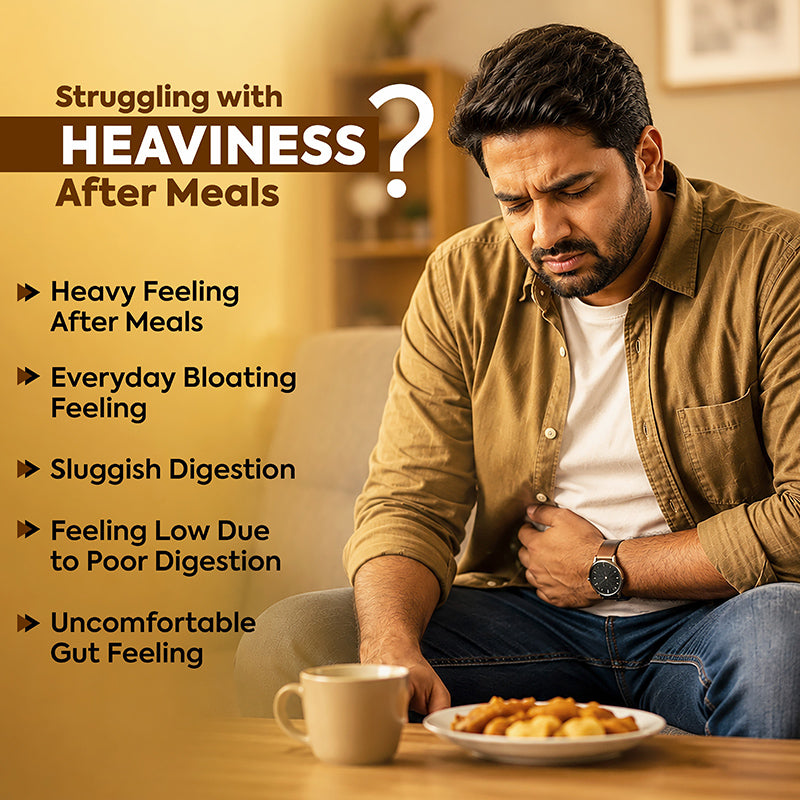 LVR Gut Detox Powder banner showing heaviness after meals, bloating, sluggish digestion and uncomfortable gut feeling