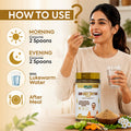 LVR Gut Detox Powder how to use guide showing morning and evening dosage with lukewarm water after meals for digestion support
