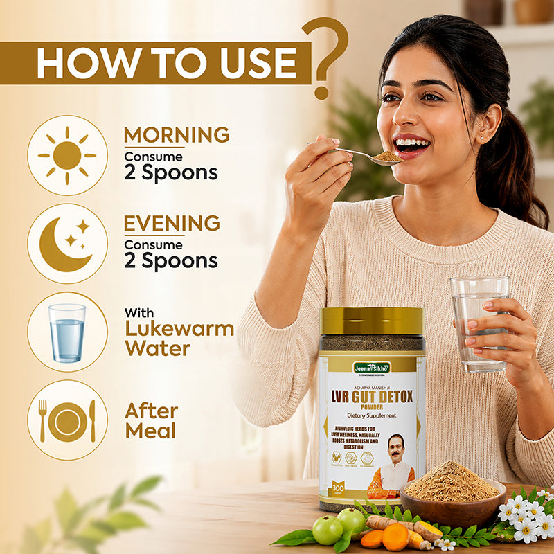 LVR Gut Detox Powder how to use guide showing morning and evening dosage with lukewarm water after meals for digestion support