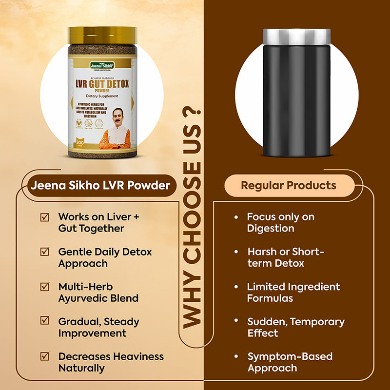 LVR Gut Detox Powder comparison showing liver and gut support, multi-herb Ayurvedic blend, gentle detox approach and daily wellness