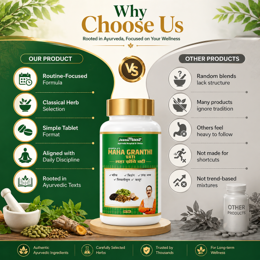 Maha Granthi Vati comparison showing classical herbs, routine-focused formula, simple tablet format and Ayurvedic wellness approach