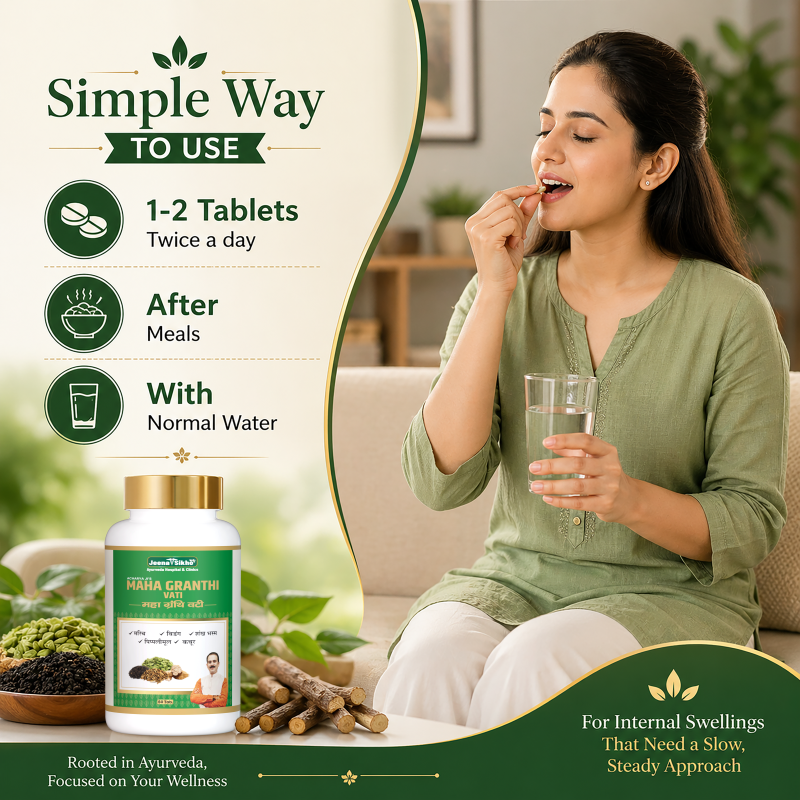 Maha Granthi Vati usage guide showing 1-2 tablets twice daily after meals with normal water for Ayurvedic wellness support