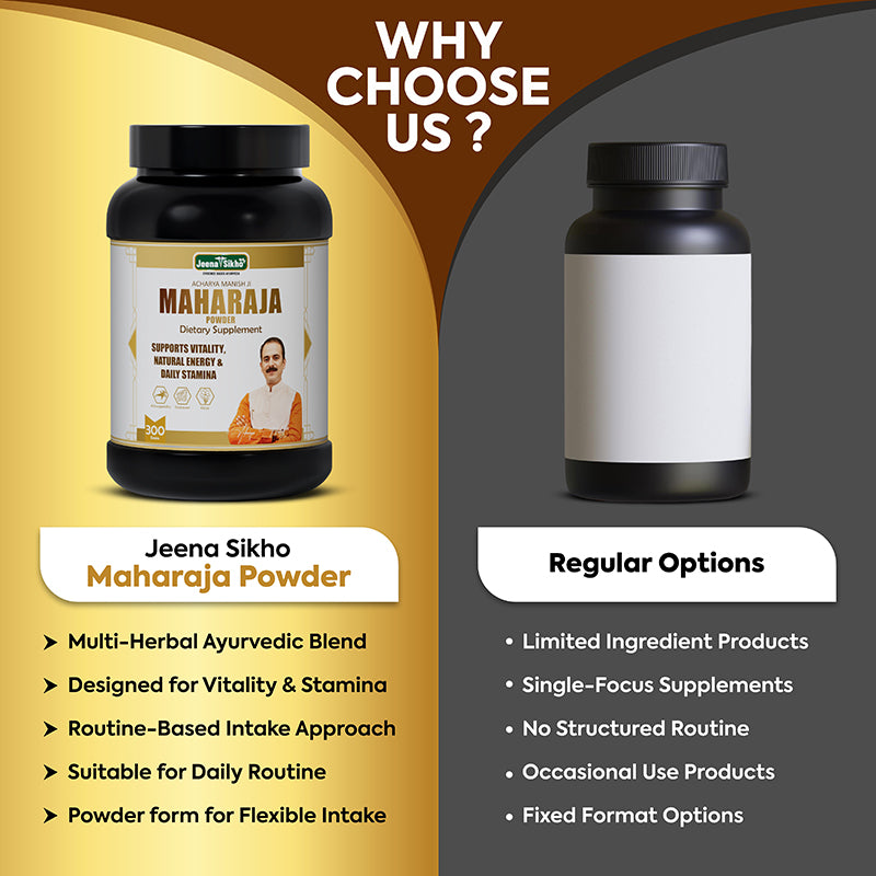 Maharaja Powder Ayurvedic energy booster comparison showing multi-herbal blend, vitality support, daily routine and flexible intake