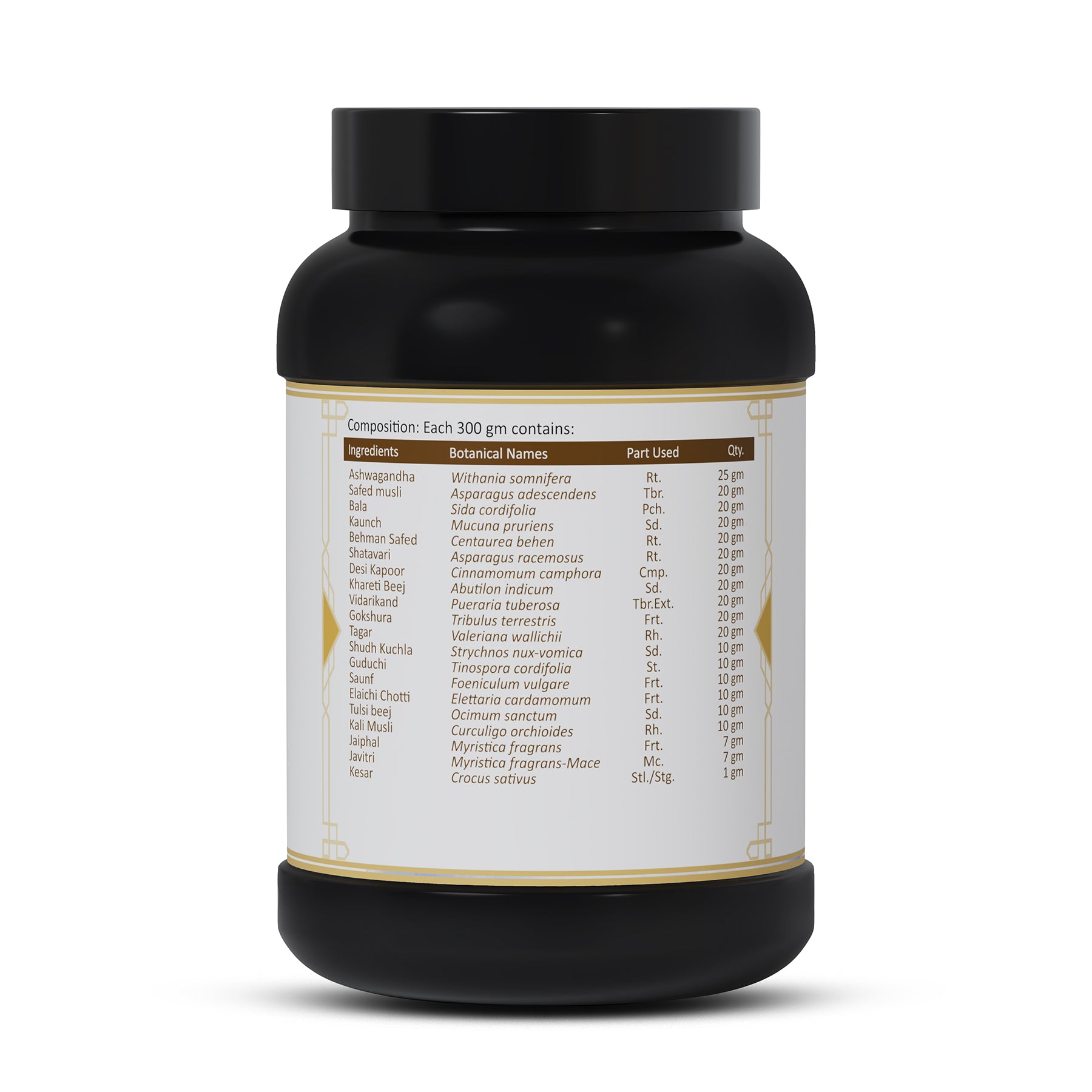 Maharaja Powder Ayurvedic ingredients list showing herbal composition, botanical names, quantities and traditional formulation details