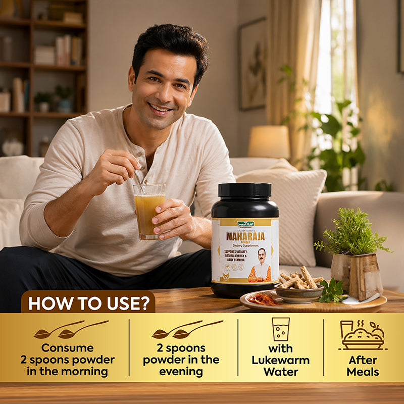 Maharaja Powder stamina booster usage guide showing morning and evening dosage with lukewarm water after meals