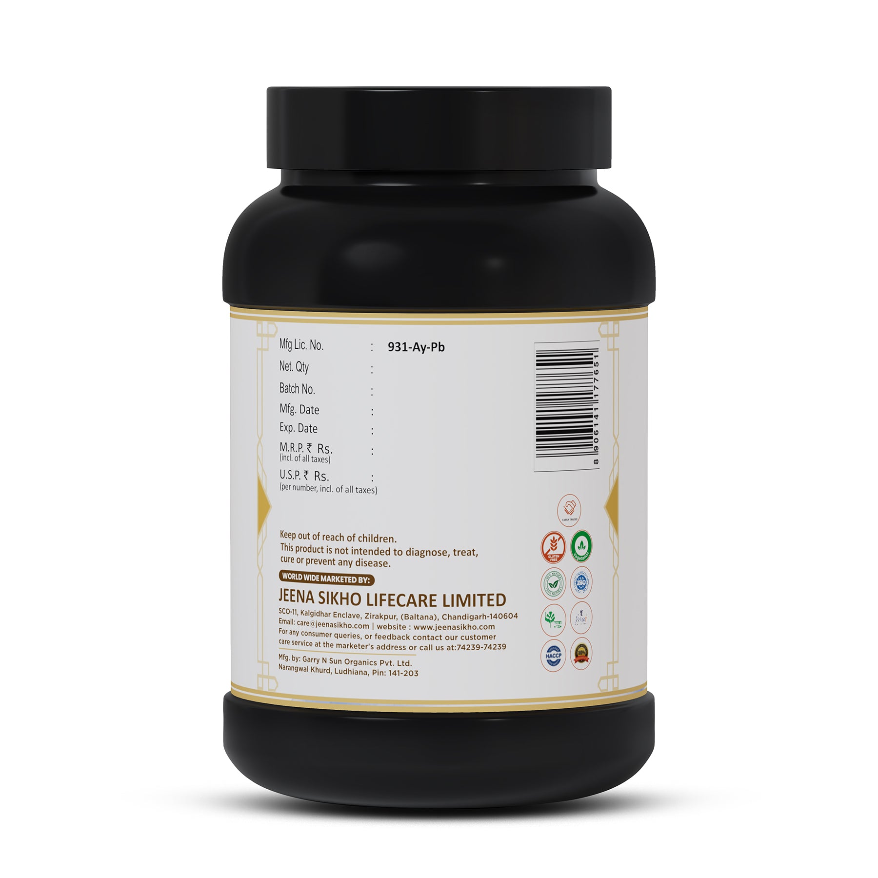 Maharaja Powder stamina booster back label showing manufacturer details, batch information, certifications and product information