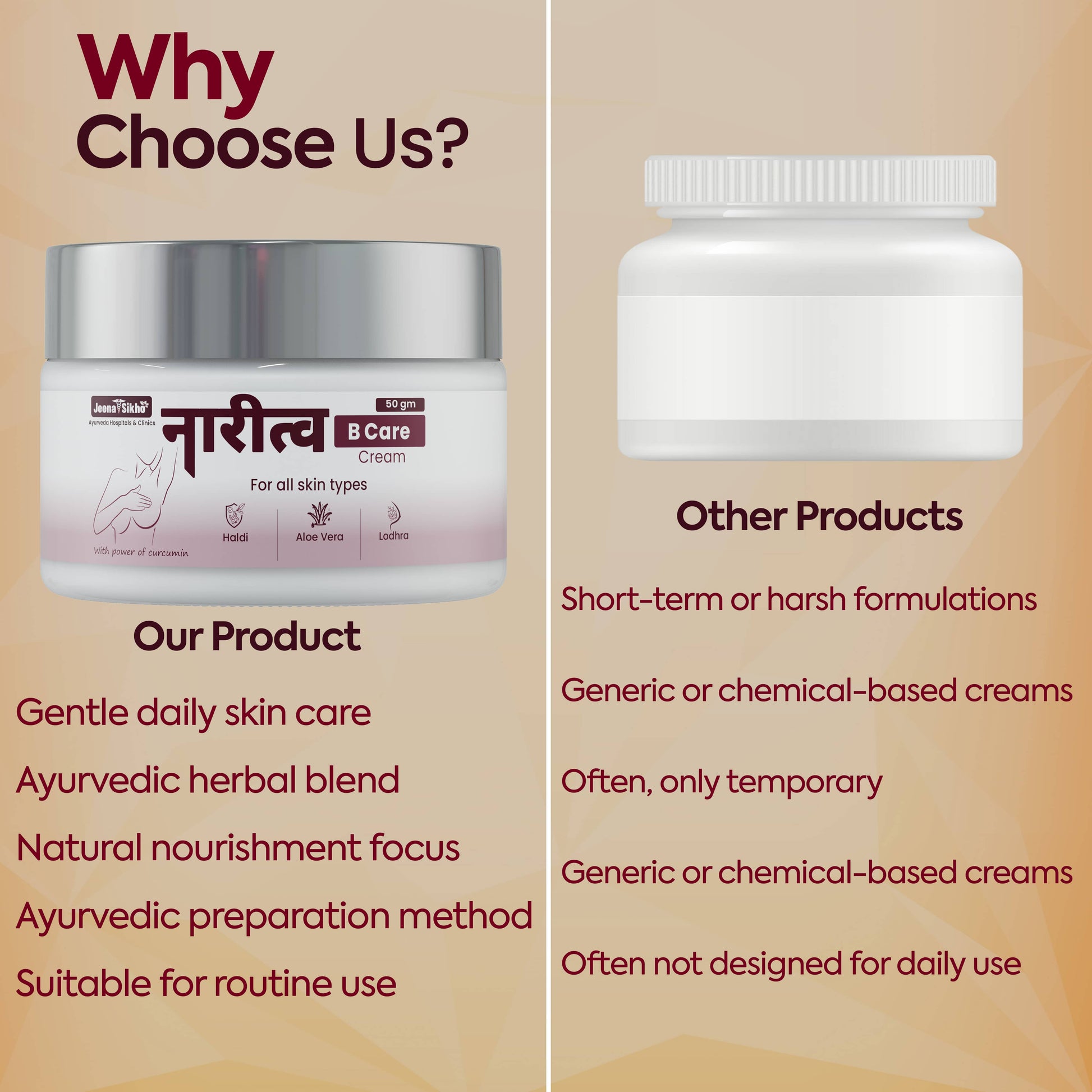 Narirtva B Care Ayurvedic Breast Care Cream comparison showing herbal blend, natural nourishment and gentle daily skin care