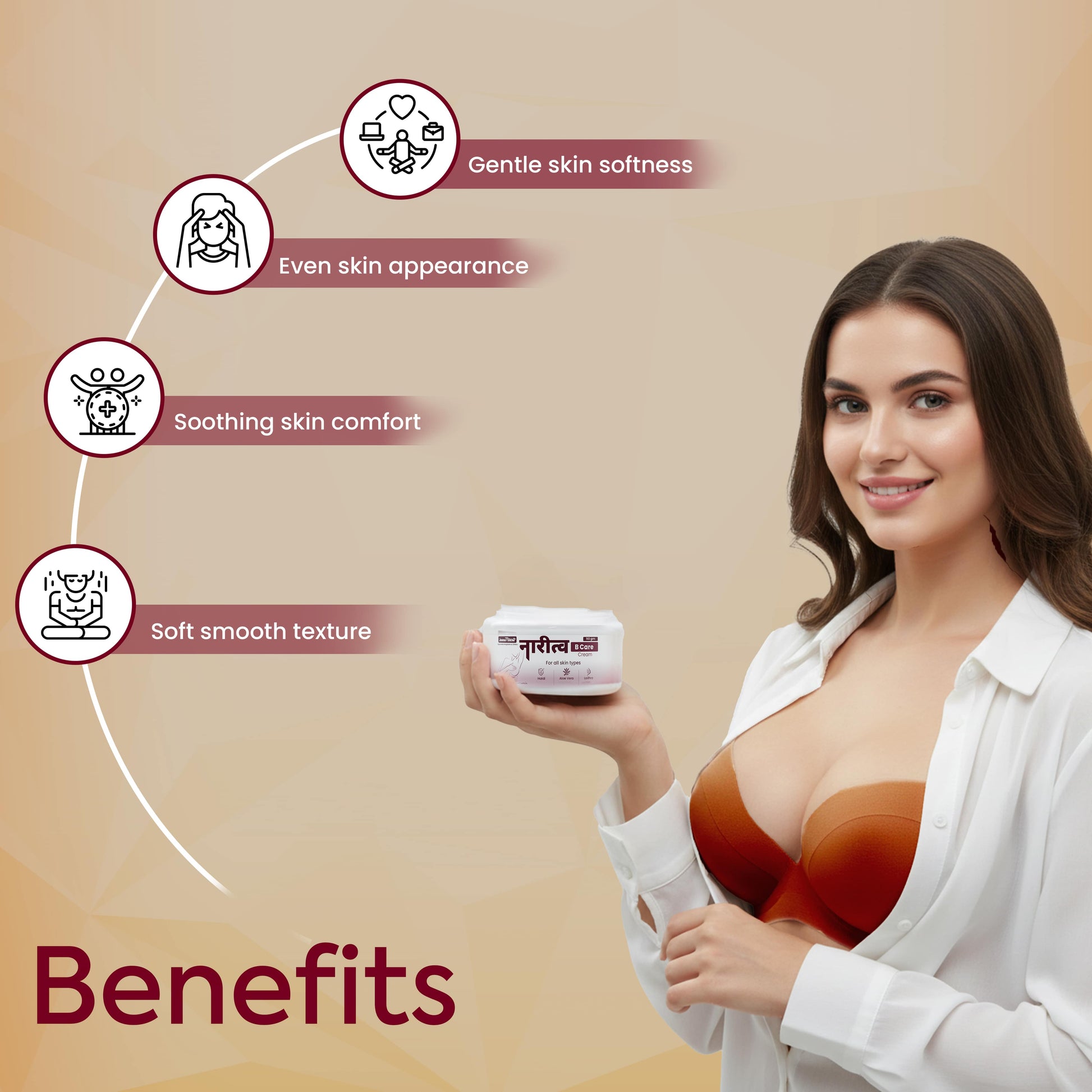 Narirtva B Care Ayurvedic Breast Care Cream benefits for gentle skin softness, even appearance, soothing comfort and smooth texture