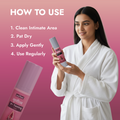 Narirtva V Toning Gel usage guide showing intimate care steps, gentle application and regular use for Ayurvedic feminine care