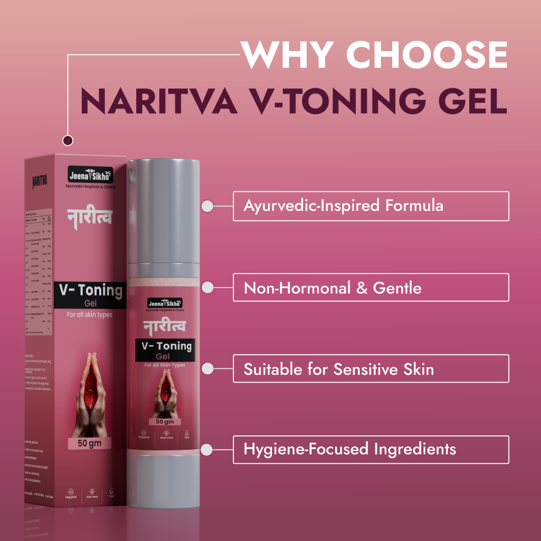 Narirtva V Toning Gel Why Choose Us banner highlighting Ayurvedic formula, gentle care, sensitive skin suitability and hygiene focus.