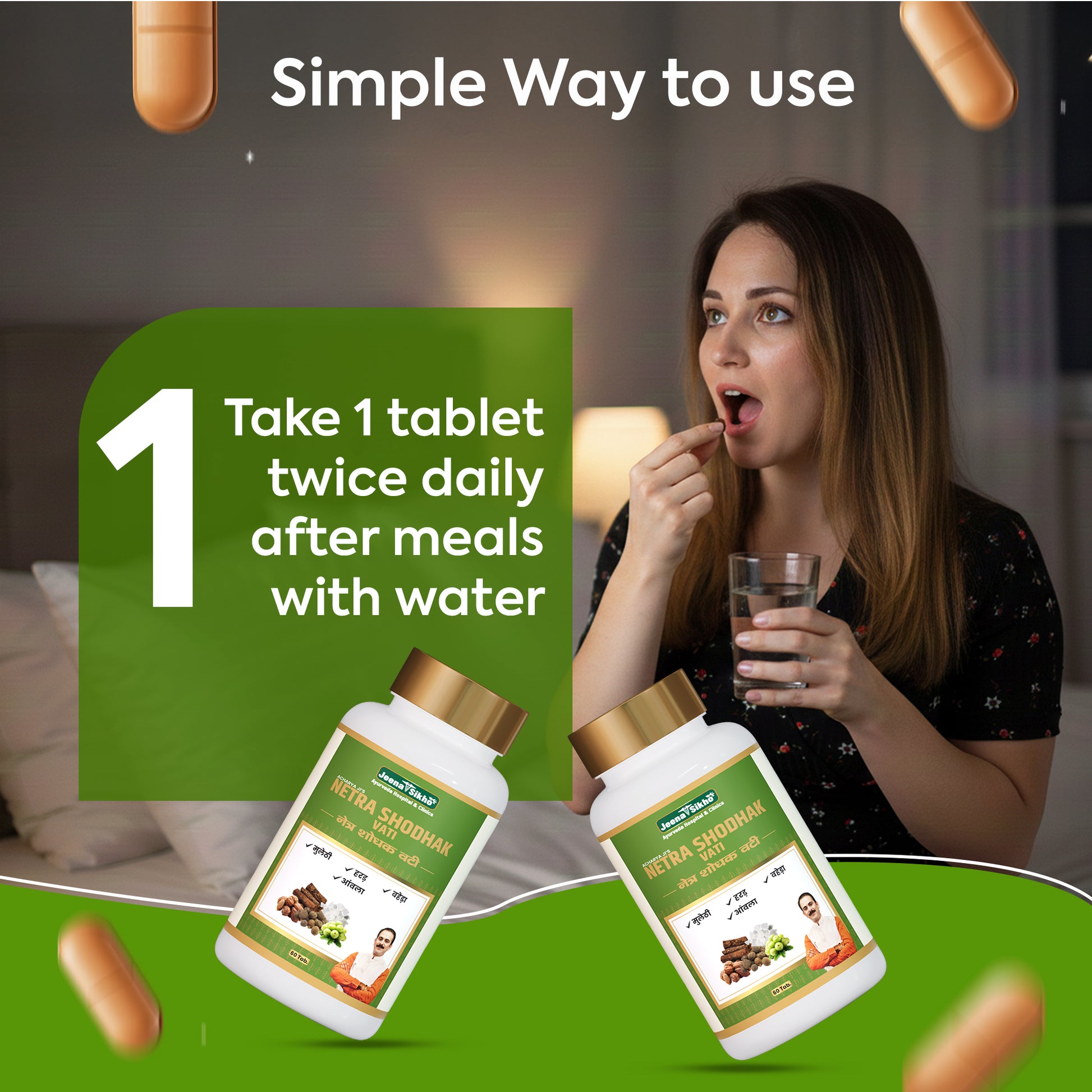 Netra Shodhak Vati eye care tablets usage guide showing 1 tablet twice daily after meals with water for daily eye wellness