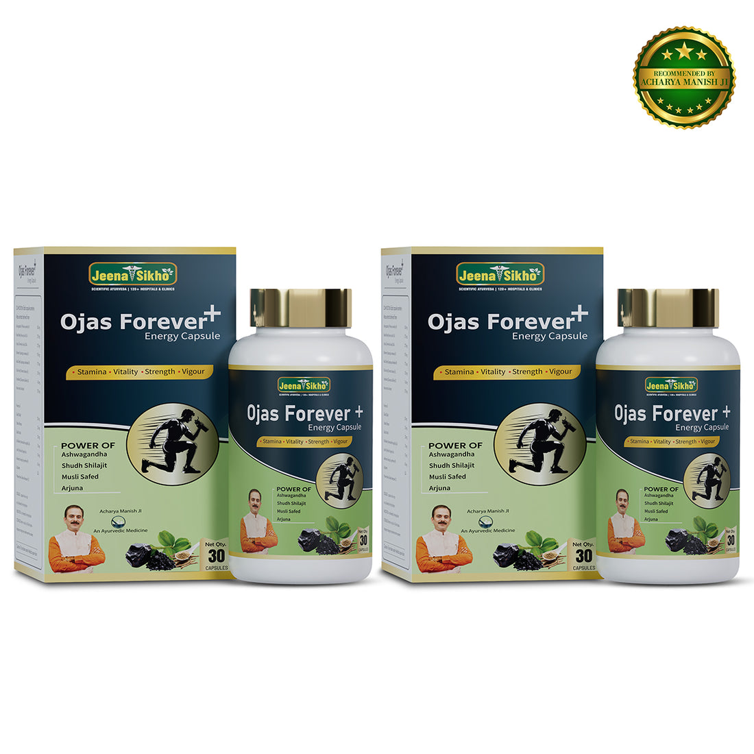 Ojas Forever+ Energy Capsules pack with Ashwagandha, Shilajit, Musli and Arjuna for energy, stamina, strength and vitality