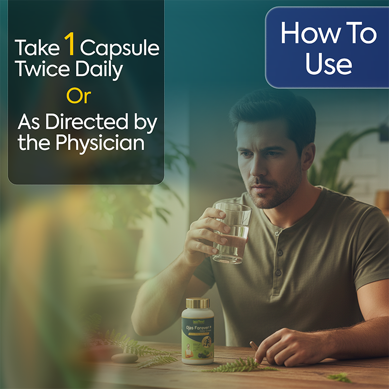 Ojas Forever+ Energy Capsules usage guide showing 1 capsule twice daily or as directed by a physician for energy support