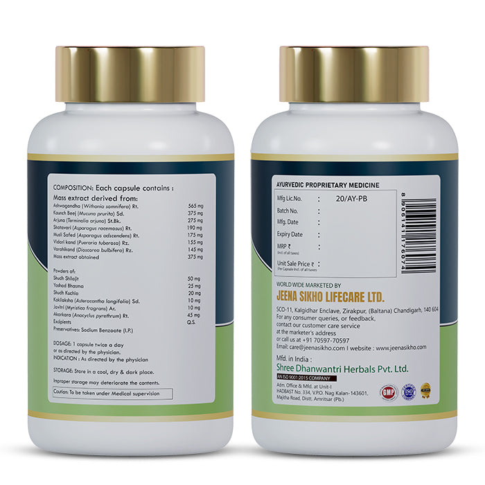 Ojas Forever+ Energy Capsules back label showing Ayurvedic ingredients, composition, dosage, storage and manufacturer details