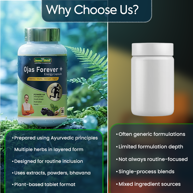 Ojas Forever+ Energy Capsules comparison showing Ayurvedic principles, multiple herbs, plant-based format and routine energy support