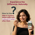 Pradar Hara Powder usage guide showing 3-5 grams twice daily with lukewarm water after meals for Ayurvedic wellness