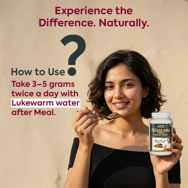 Pradar Hara Powder usage guide showing 3-5 grams twice daily with lukewarm water after meals for Ayurvedic wellness