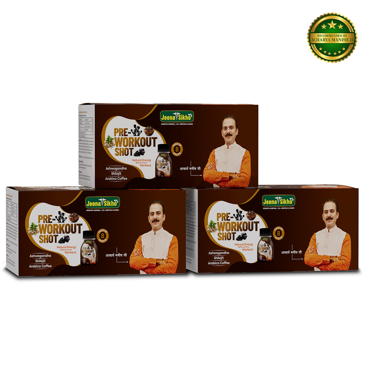 Pre Workout Shot boxes with Ashwagandha, Shilajit and Arabica Coffee for natural energy before workouts