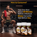 Pre Workout Shot usage guide showing one shot 30 minutes before a workout and shaking the bottle well before use