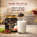 Gold Kesar Moti Prash premium Ayurvedic Chyawanprash usage guide showing 5-10 gm daily intake with milk.