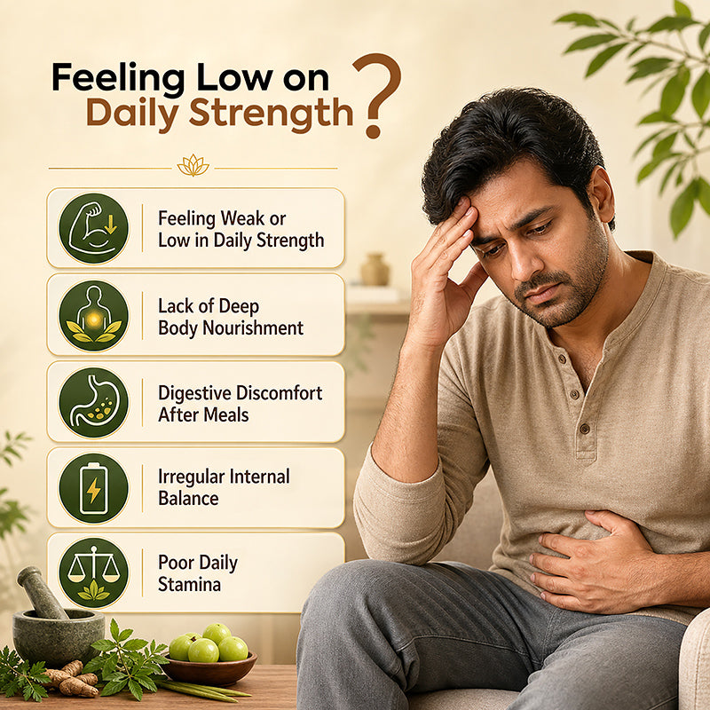 Ras Vital banner showing digestion problems, low strength, poor nourishment, stamina concerns and Ayurvedic wellness support