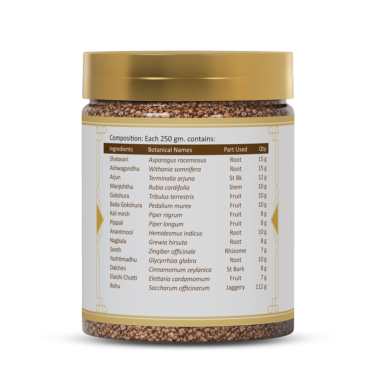 Ras Vital Granules ingredients list showing Ayurvedic herbs, botanical names, quantities and traditional herbal formulation details