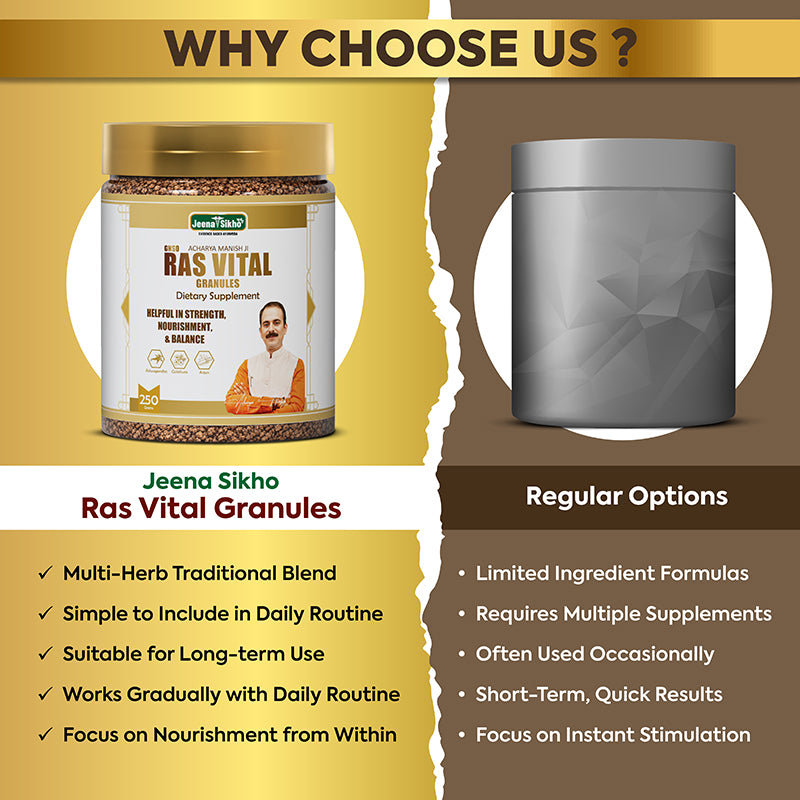 Ras Vital Granules comparison showing Ayurvedic multi-herb blend, digestion support, daily routine use and inner nourishment