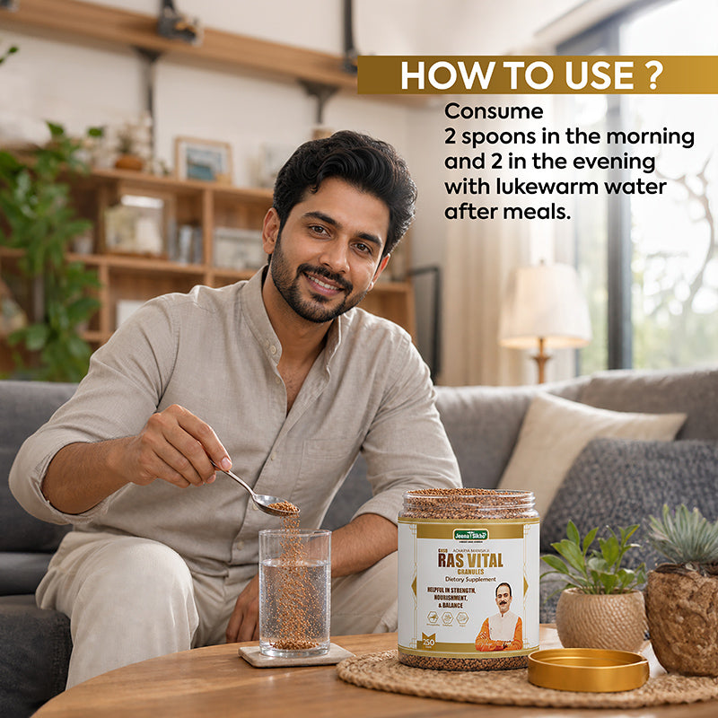 Ras Vital Granules how to use guide showing morning and evening dosage with lukewarm water after meals