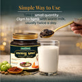 Shataayu Prash Ayurvedic immunity booster usage guide showing 3-5 gm quantity with warm milk for daily wellness support