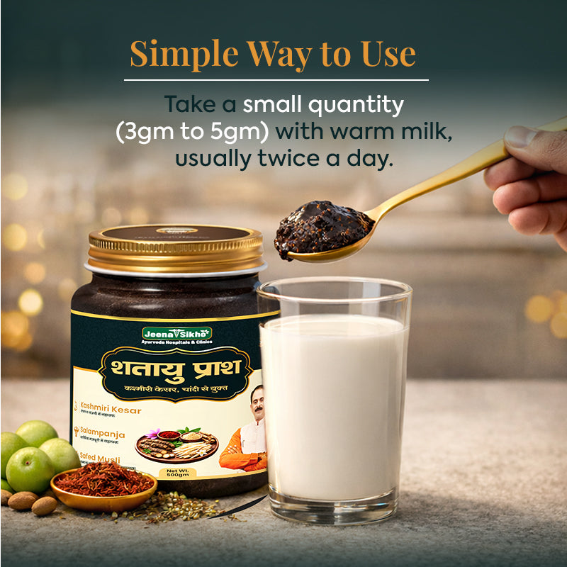 Shataayu Prash Ayurvedic immunity booster usage guide showing 3-5 gm quantity with warm milk for daily wellness support