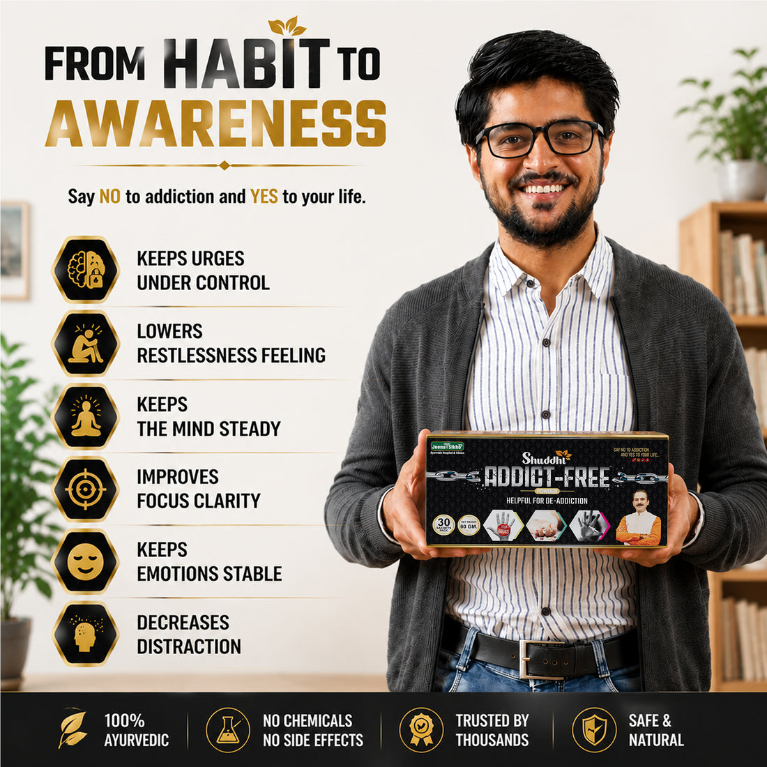 Shuddhi Addict Free benefits include urge control, focus support, emotional balance, and Ayurvedic addiction wellness support