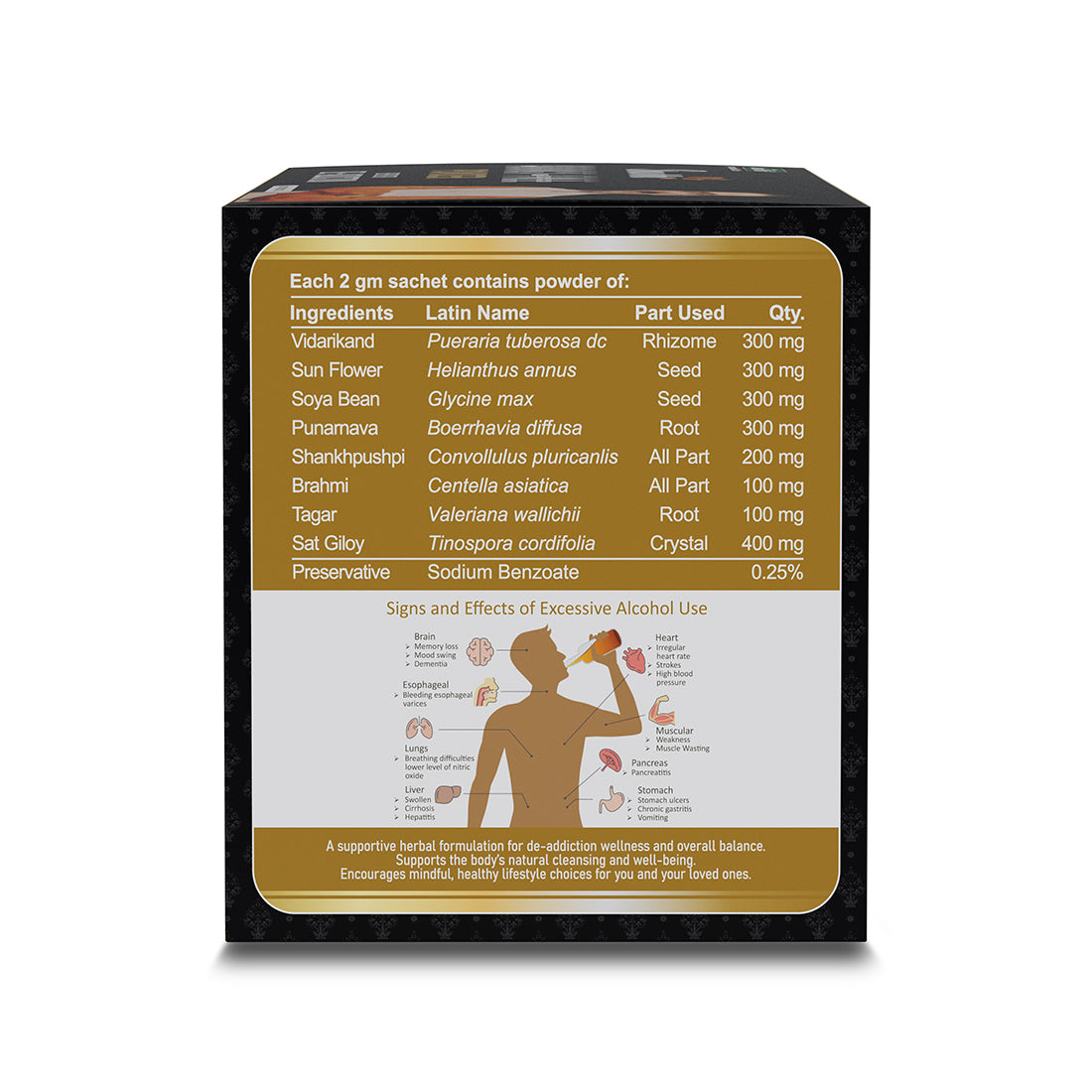 Shuddhi Addict Free ingredients panel showing Ayurvedic herbs, quantities, formulation details and supportive de-addiction wellness information