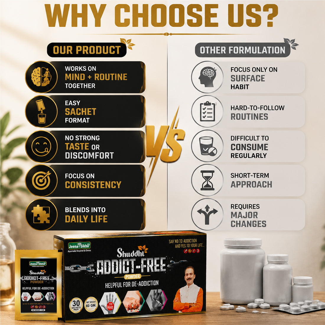 Shuddhi Addict Free comparison showing easy sachet format, daily routine support, taste comfort and consistency vs other formulations