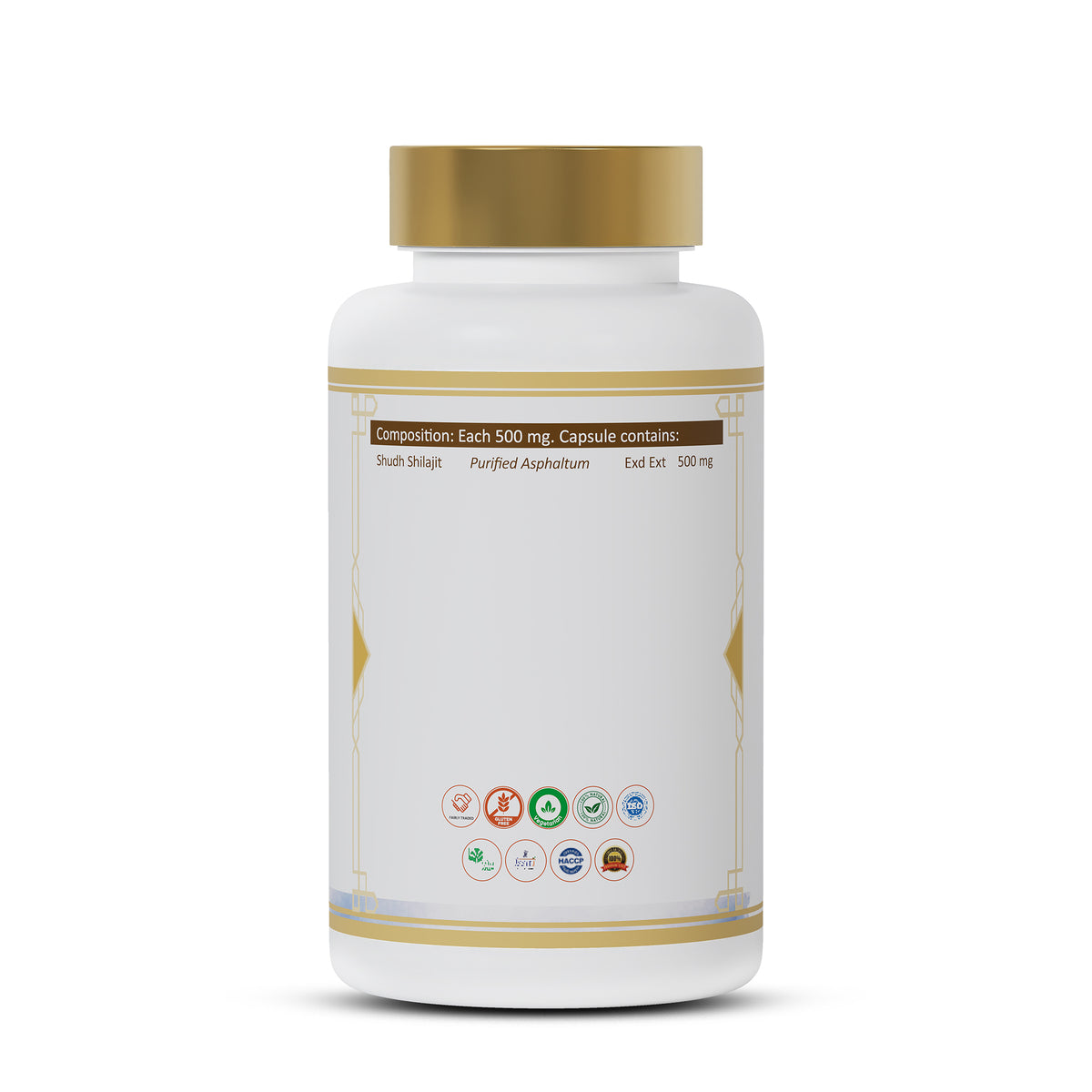 Shudh Shilajit Capsule back label showing purified shilajit composition, 500 mg capsule details and quality certifications