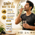 Shudh Shilajit Capsule usage guide showing 1 to 2 capsules daily with lukewarm water for energy and strength support