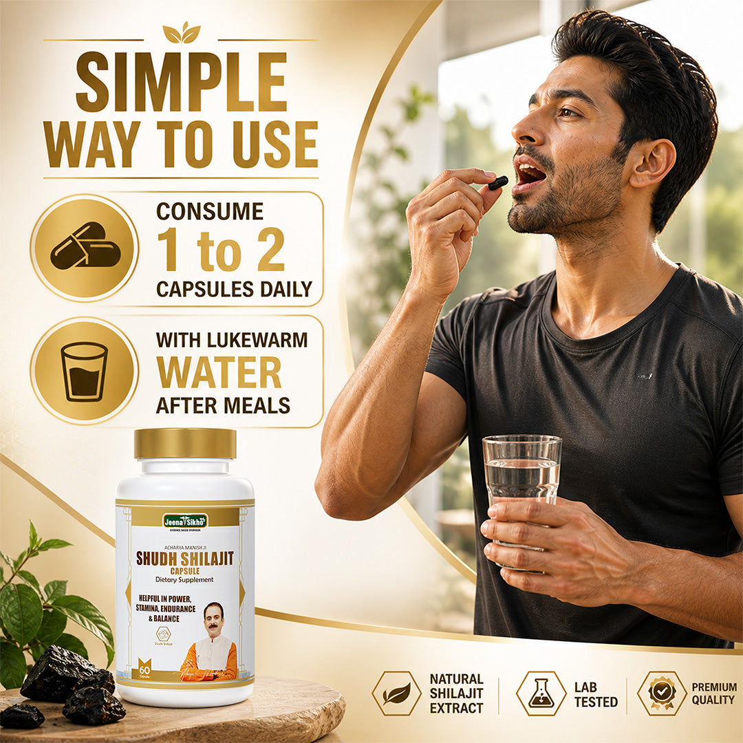 Shudh Shilajit Capsule usage guide showing 1 to 2 capsules daily with lukewarm water for energy and strength support