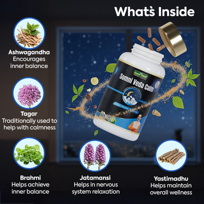 Somni Veda Calm Capsules with Ashwagandha, Tagar, Brahmi, Jatamansi and Yastimadhu for relaxation and wellness support
