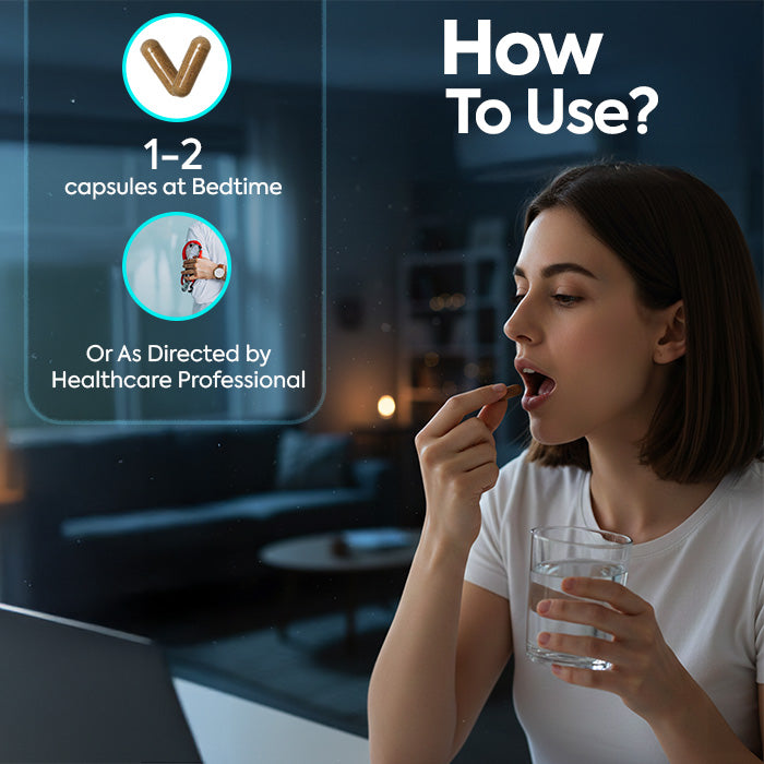 Somni Veda Calm Capsules usage guide showing 1–2 capsules at bedtime or as directed by a healthcare professional