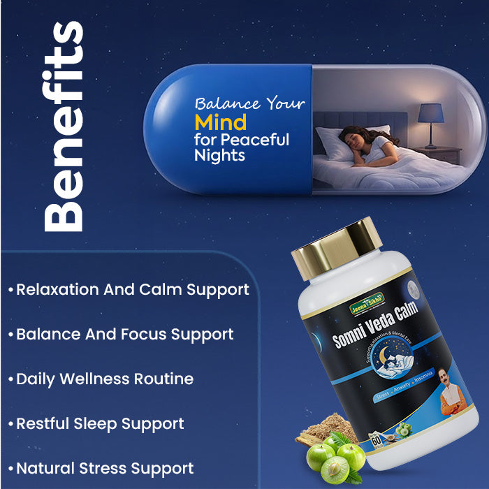 Somni Veda Calm Capsules benefits include relaxation, calm support, restful sleep, focus balance and natural stress support