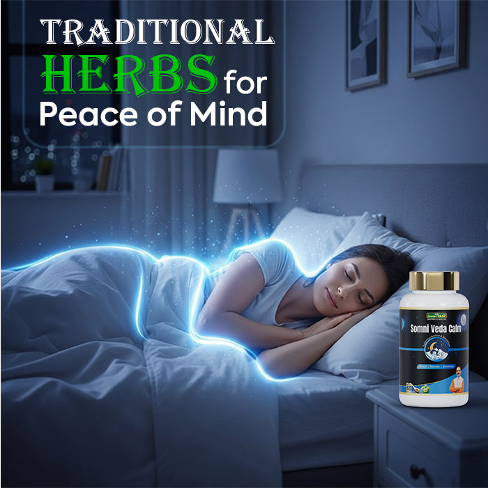 Somni Veda Calm Capsules with Ashwagandha and Brahmi for herbal relaxation, restful sleep and peaceful mind support